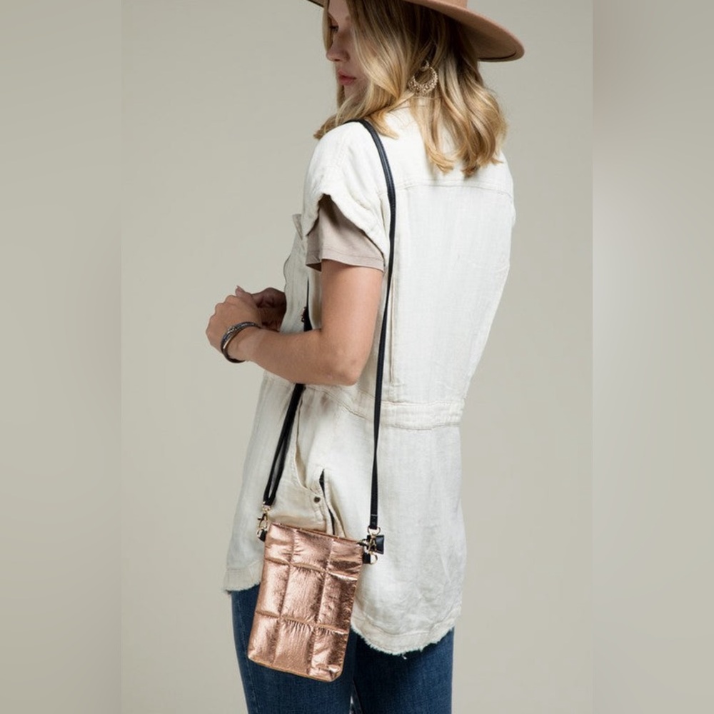 Metallic Insulated Bubble Cross Body Bag, Ruggine, Rose Gold, NWT